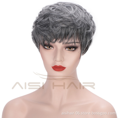 Aisi Hair Heat Resistant Fiber Straight Short Hair Bob Wigs with Neat Bangs Grey Mixed Black Short Bob Wigs for Women